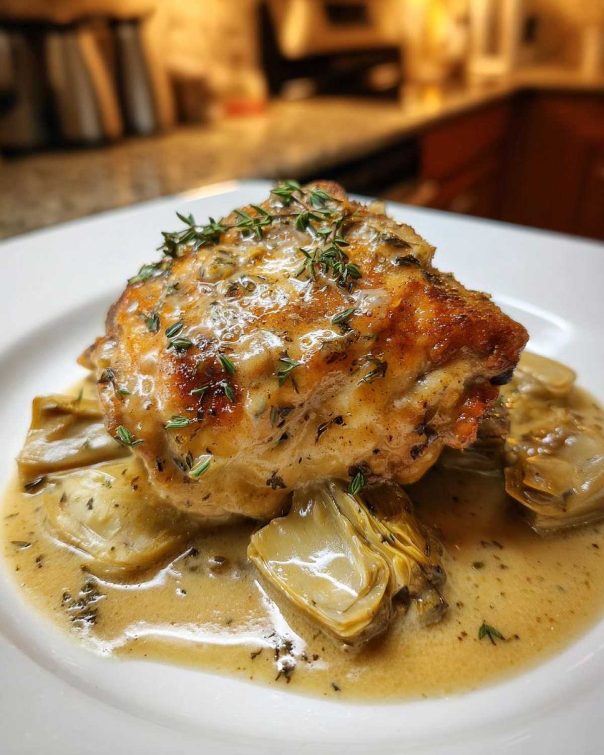 A perfectly cooked piece of Artichoke White Wine Braised Chicken served with braised artichoke hearts in a creamy sauce, topped with fresh thyme.