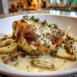 Close-up of Artichoke White Wine Braised Chicken with crispy skin, covered in a creamy sauce and garnished with thyme.