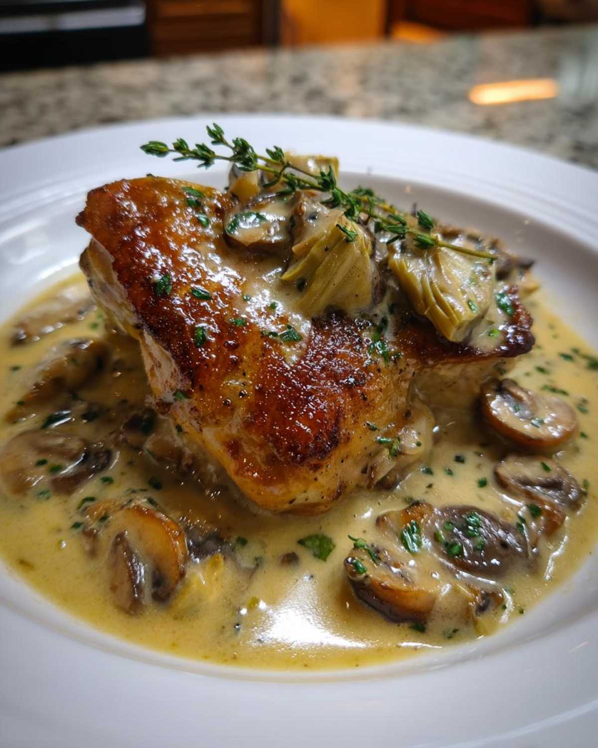 A perfectly seared chicken thigh topped with artichoke hearts and mushrooms in a creamy sauce, part of the Artichoke White Wine Braised Chicken recipe.