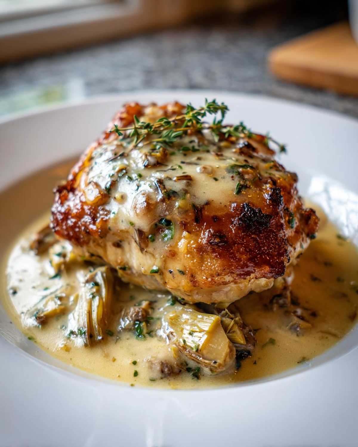 A perfectly seared chicken thigh topped with creamy sauce, artichoke pieces, and fresh thyme, ready to eat.