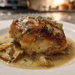 A perfectly seared piece of Artichoke White Wine Braised Chicken served in a creamy sauce with artichoke hearts and thyme.