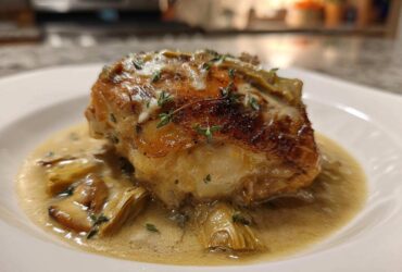 A perfectly seared piece of Artichoke White Wine Braised Chicken served in a creamy sauce with artichoke hearts and thyme.