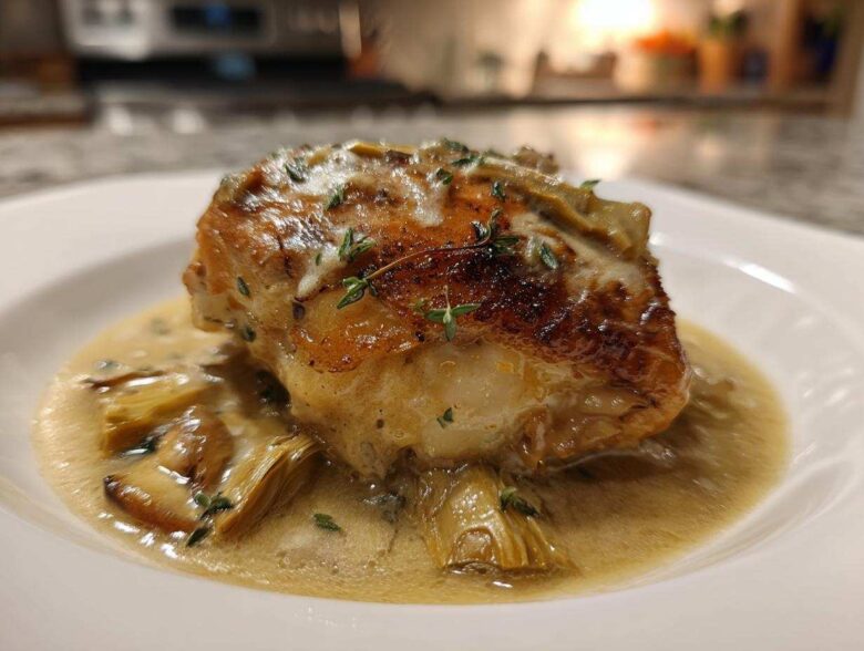 A perfectly seared piece of Artichoke White Wine Braised Chicken served in a creamy sauce with artichoke hearts and thyme.
