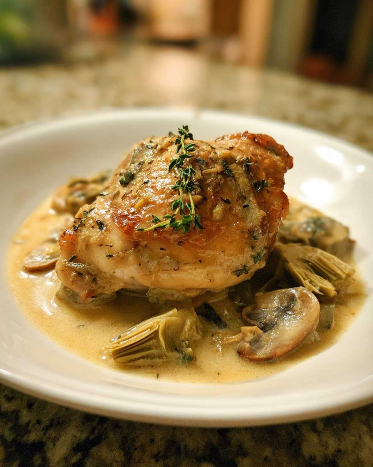 A perfectly cooked piece of Artichoke White Wine Braised Chicken served in a creamy sauce with artichoke hearts and mushrooms.