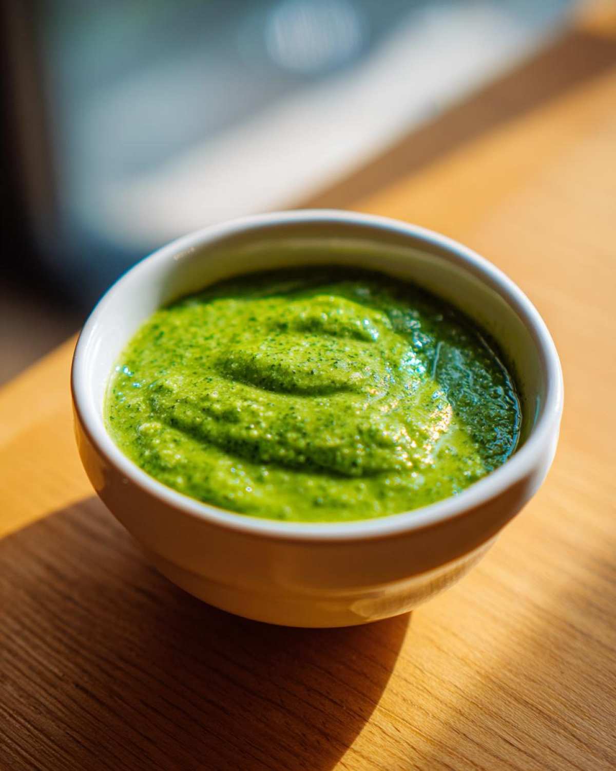 Close-up of bright green Avocado Tomatillo Salsa Verde served in a small white bowl on a wooden surface.