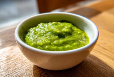 Close-up of vibrant green Avocado Tomatillo Salsa Verde served in a small white bowl on a wooden surface.