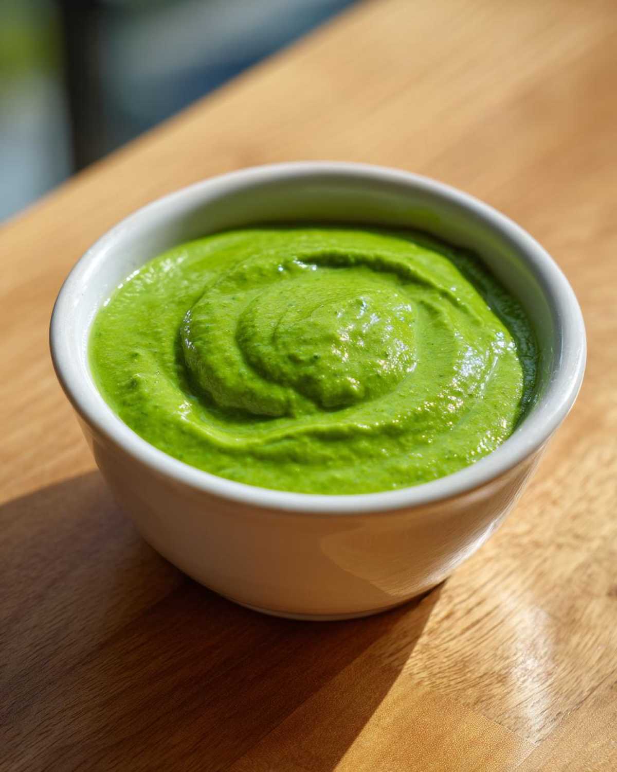 A small white bowl filled with vibrant, smooth Avocado Tomatillo Salsa Verde, sitting on a wooden surface.