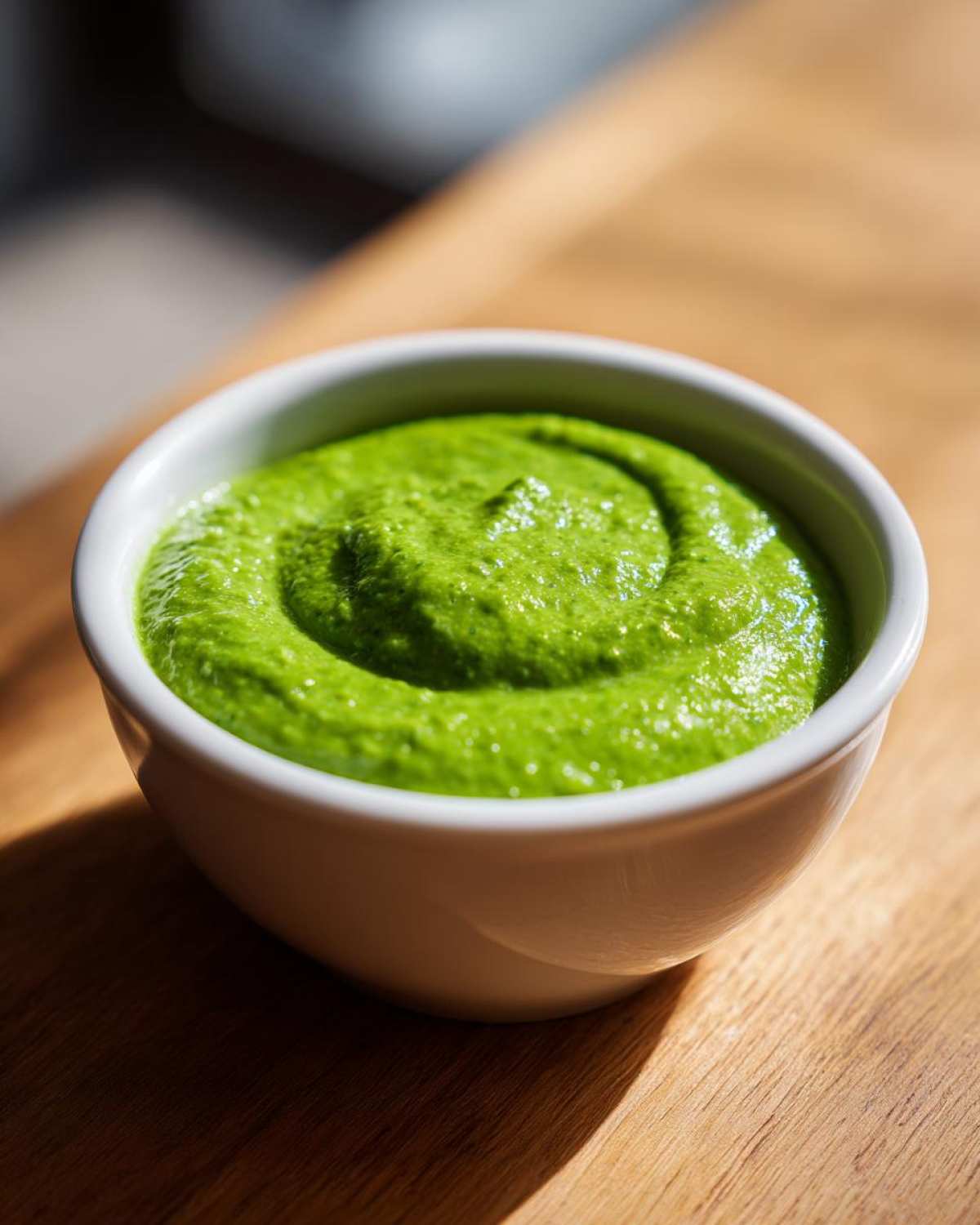 Close-up of vibrant green Avocado Tomatillo Salsa Verde swirled in a small white bowl on a wooden surface.