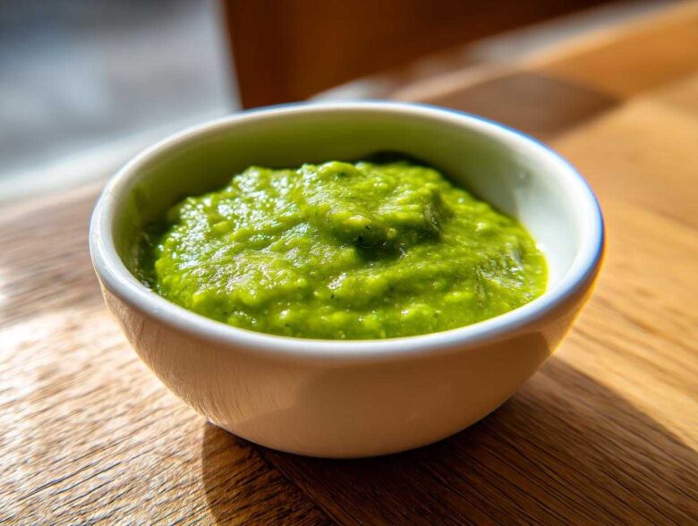 Close-up of vibrant green Avocado Tomatillo Salsa Verde served in a small white bowl on a wooden surface.