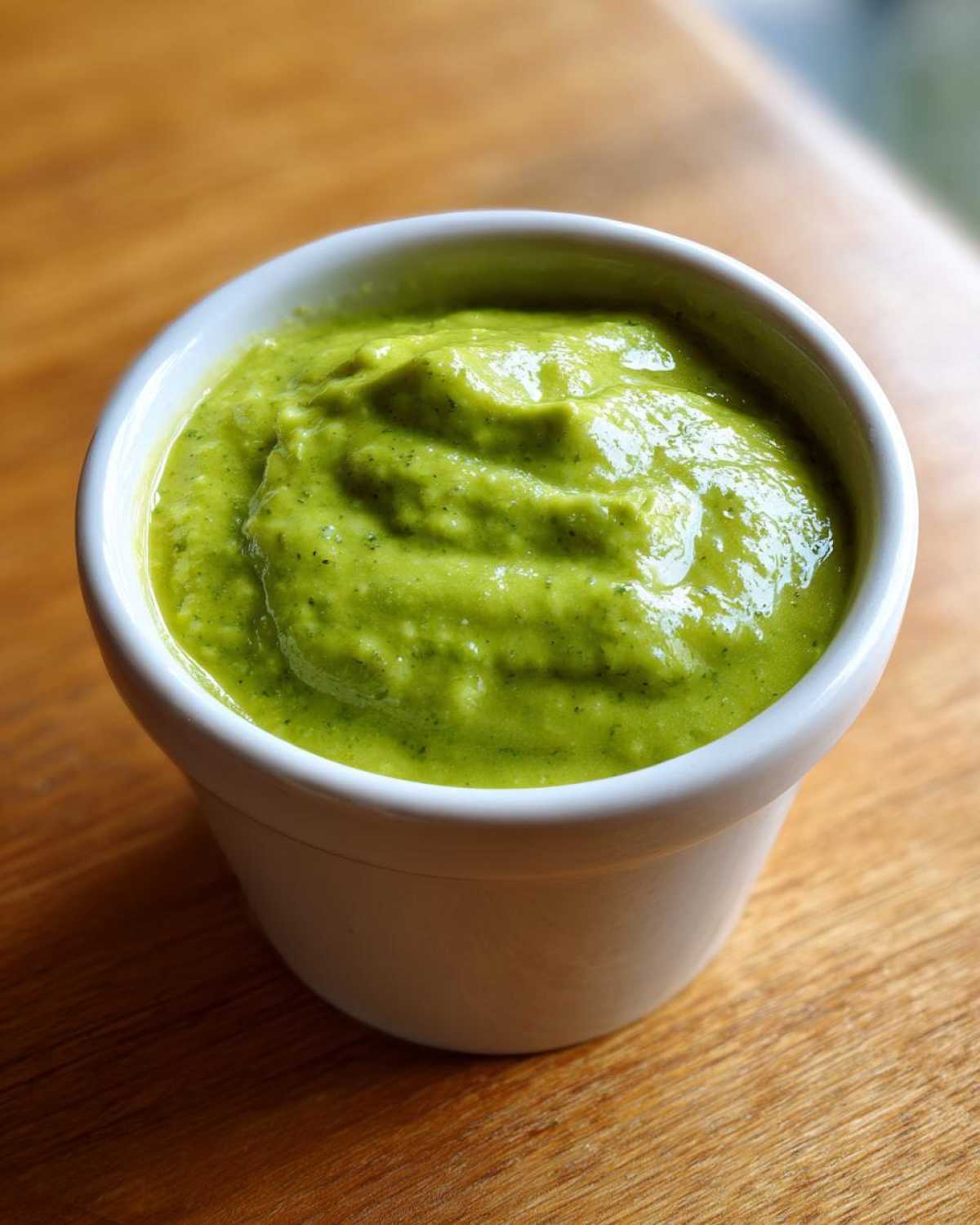 A close-up of thick, bright green Avocado Tomatillo Salsa Verde served in a small white ramekin on a wooden surface.