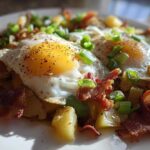 Close-up of Bacon Leek Breakfast Hash topped with two sunny-side-up eggs and green onions.