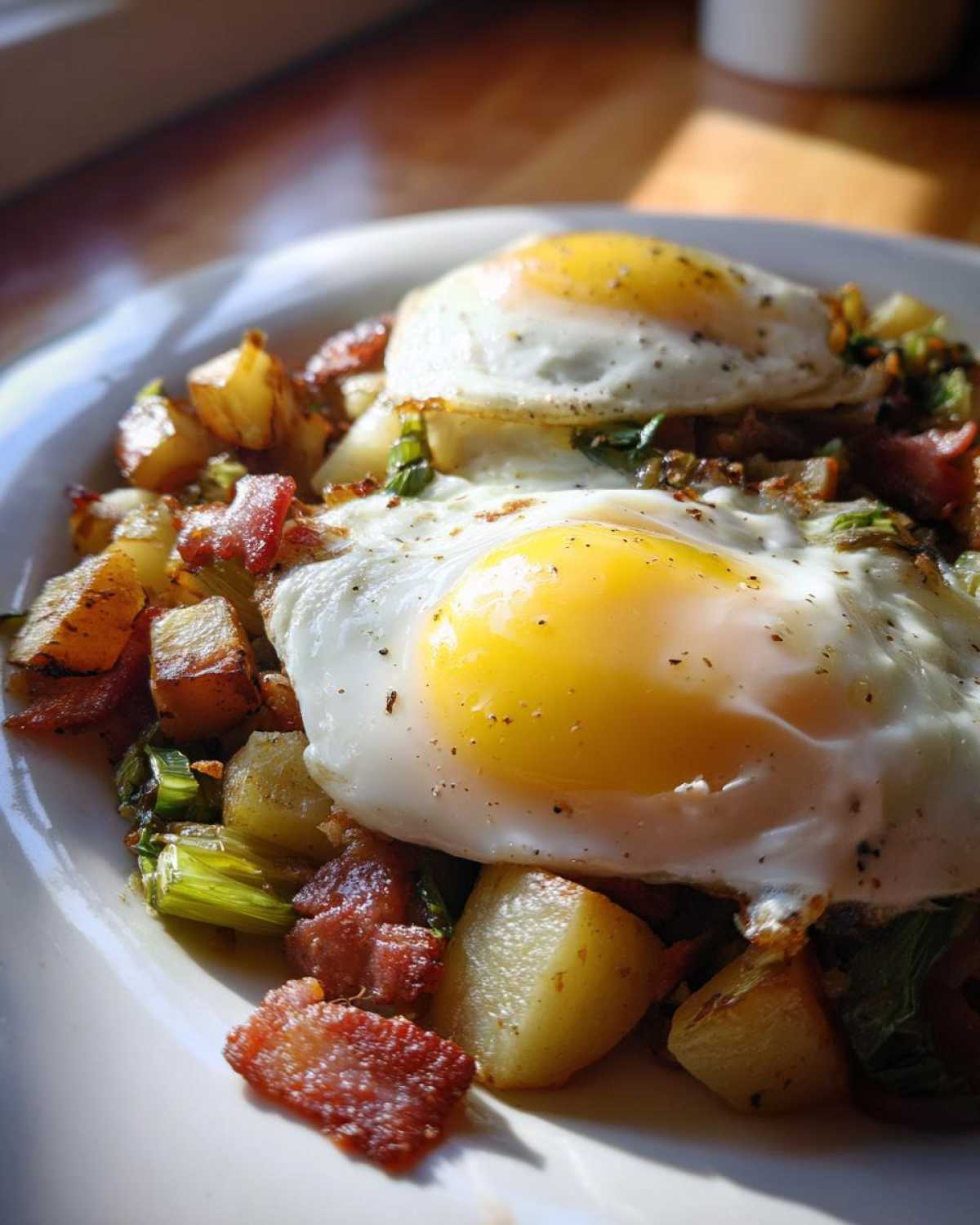 Close-up of Bacon Leek Breakfast Hash topped with two perfectly cooked sunny-side-up eggs.