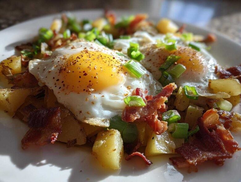 Close-up of Bacon Leek Breakfast Hash topped with two sunny-side-up eggs and green onions.