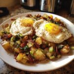 A plate of Bacon Leek Breakfast Hash topped with two sunny-side-up eggs seasoned with pepper.