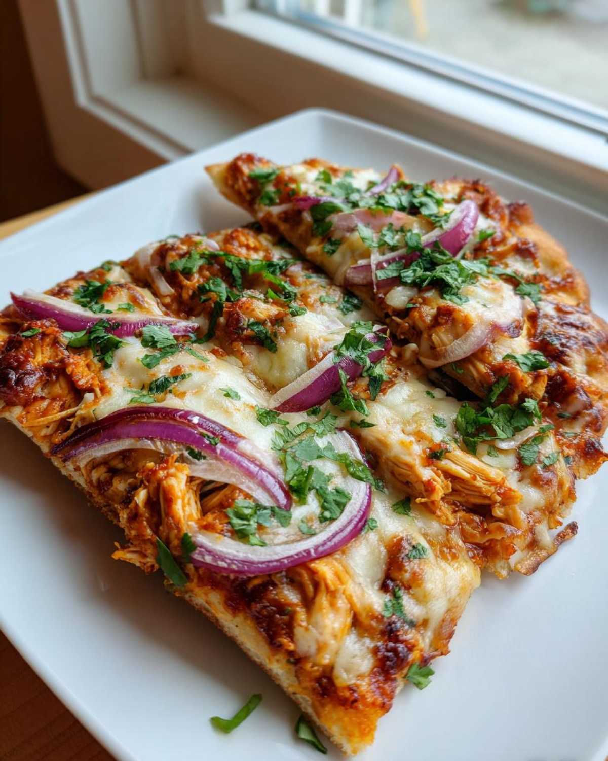 Close-up of two slices of BBQ Chicken Flatbread Pizza topped with melted cheese, red onion rings, and fresh cilantro.