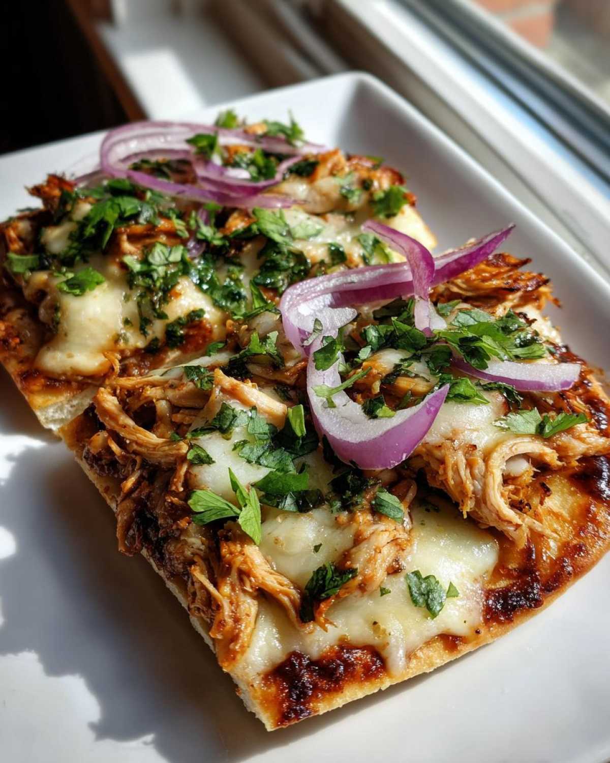 Two slices of BBQ Chicken Flatbread Pizza topped with melted cheese, shredded chicken, red onion, and fresh cilantro.