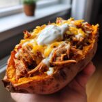 A hand holding a baked sweet potato loaded with BBQ pulled pork, melted cheese, and sour cream.