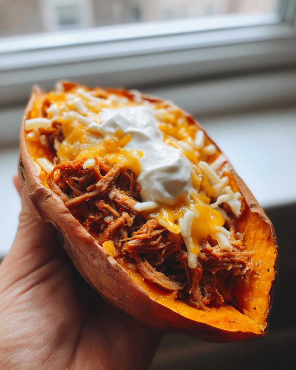 A close-up of a baked sweet potato half stuffed with BBQ pulled pork, shredded cheese, and a dollop of sour cream, held near a window.