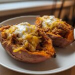 Two halves of BBQ Pulled Pork Stuffed Sweet Potatoes topped with melted cheese and sour cream on a white plate.