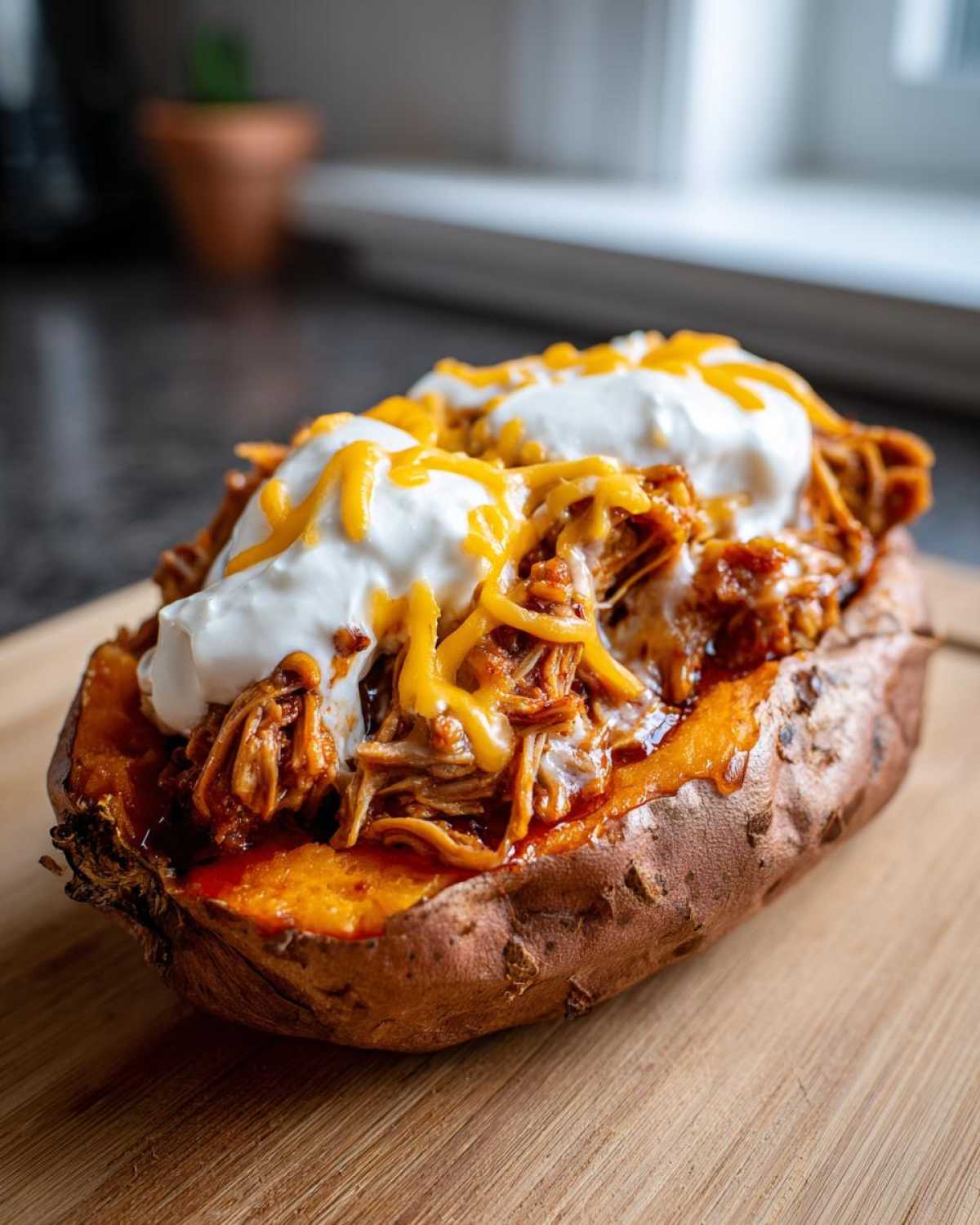 A baked sweet potato loaded with BBQ Pulled Pork Stuffed Sweet Potatoes, topped with sour cream and shredded cheese.