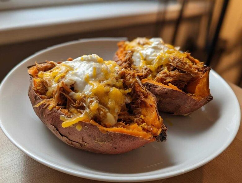 Two halves of BBQ Pulled Pork Stuffed Sweet Potatoes topped with melted cheese and sour cream on a white plate.