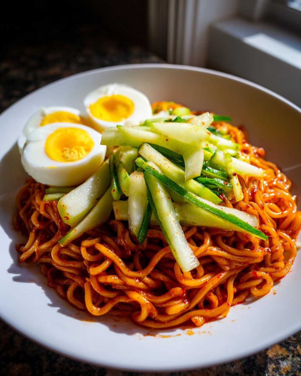 A close-up of Bibim Guksu Spicy Cold Noodles coated in red sauce, topped with julienned cucumbers and halved hard-boiled eggs.