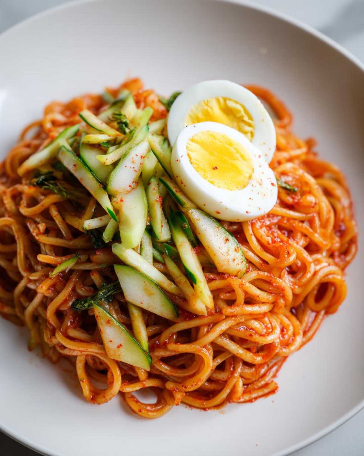 Close-up of a bowl of Bibim Guksu Spicy Cold Noodles tossed in red sauce, topped with julienned cucumber and half a hard-boiled egg.