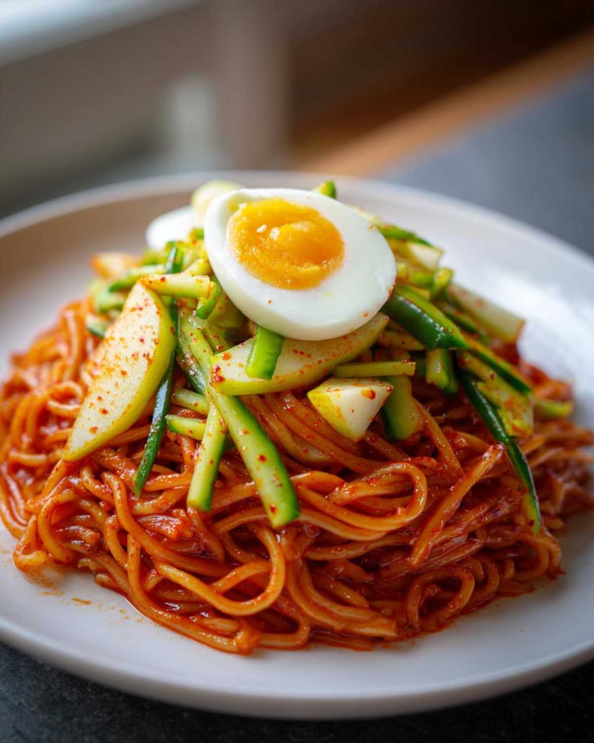 A vibrant plate of Bibim Guksu Spicy Cold Noodles tossed in red sauce, topped with julienned cucumber, pear slices, and a halved soft-boiled egg.