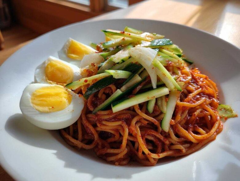 A close-up of a bowl of Bibim Guksu Spicy Cold Noodles topped with julienned cucumber and sliced hard-boiled eggs.