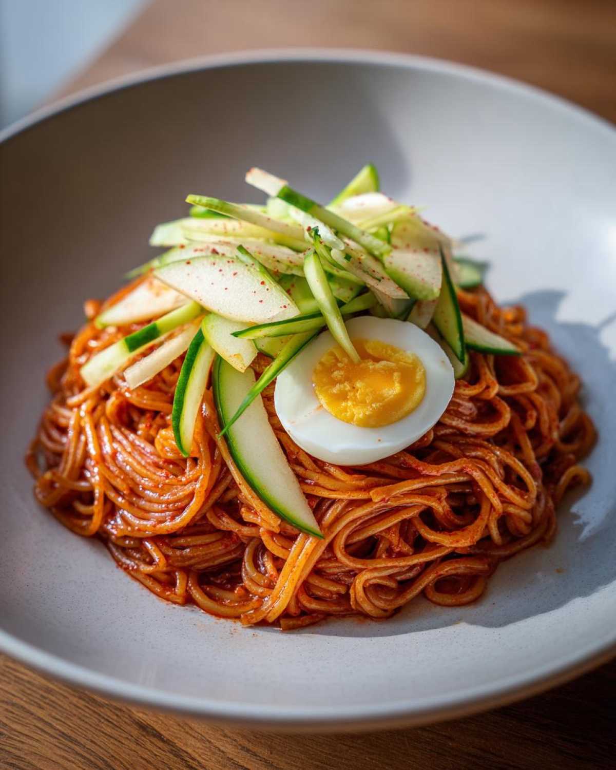 A bowl of vibrant Bibim Guksu Spicy Cold Noodles topped with julienned cucumber and a halved boiled egg.