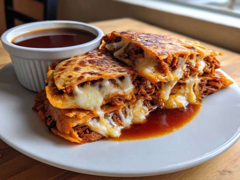 Two stacked Birria Quesatacos overflowing with melted white cheese and shredded meat, served with a side of rich dipping consome.
