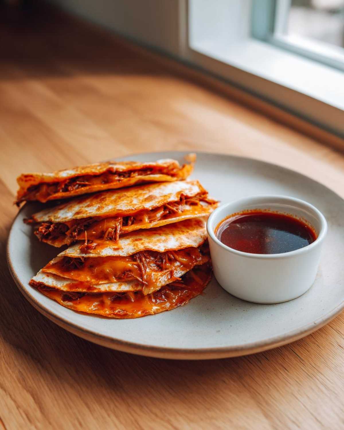 A plate of crispy, cheesy Birria Quesatacos stacked next to a small white bowl of rich, dark dipping consome.