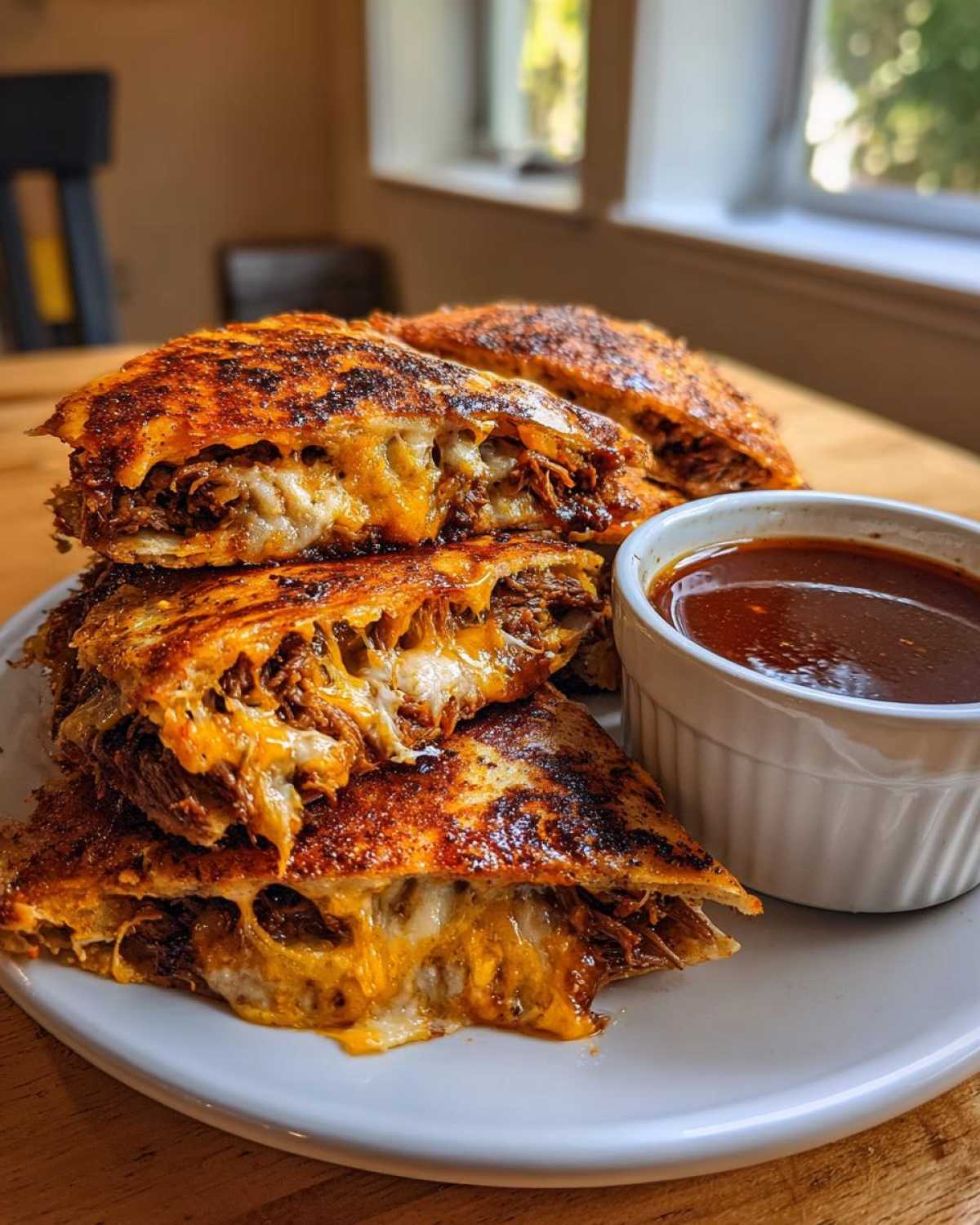Stack of halved Birria Quesatacos showing melted cheese and shredded meat, served with a side of dipping consome.