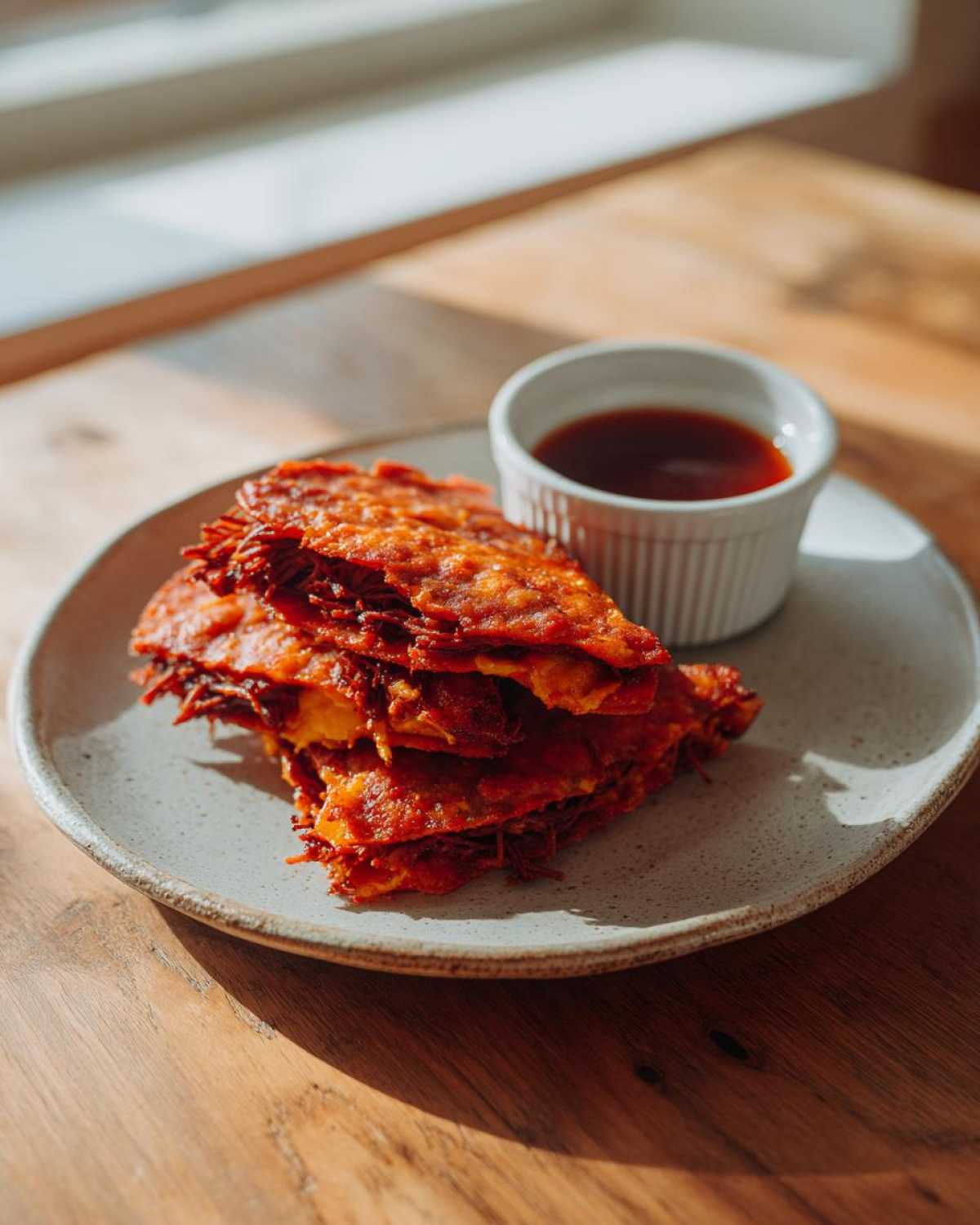 A stack of crispy, red-tinged Birria Quesatacos served on a speckled plate next to a small ramekin of dark dipping consome.