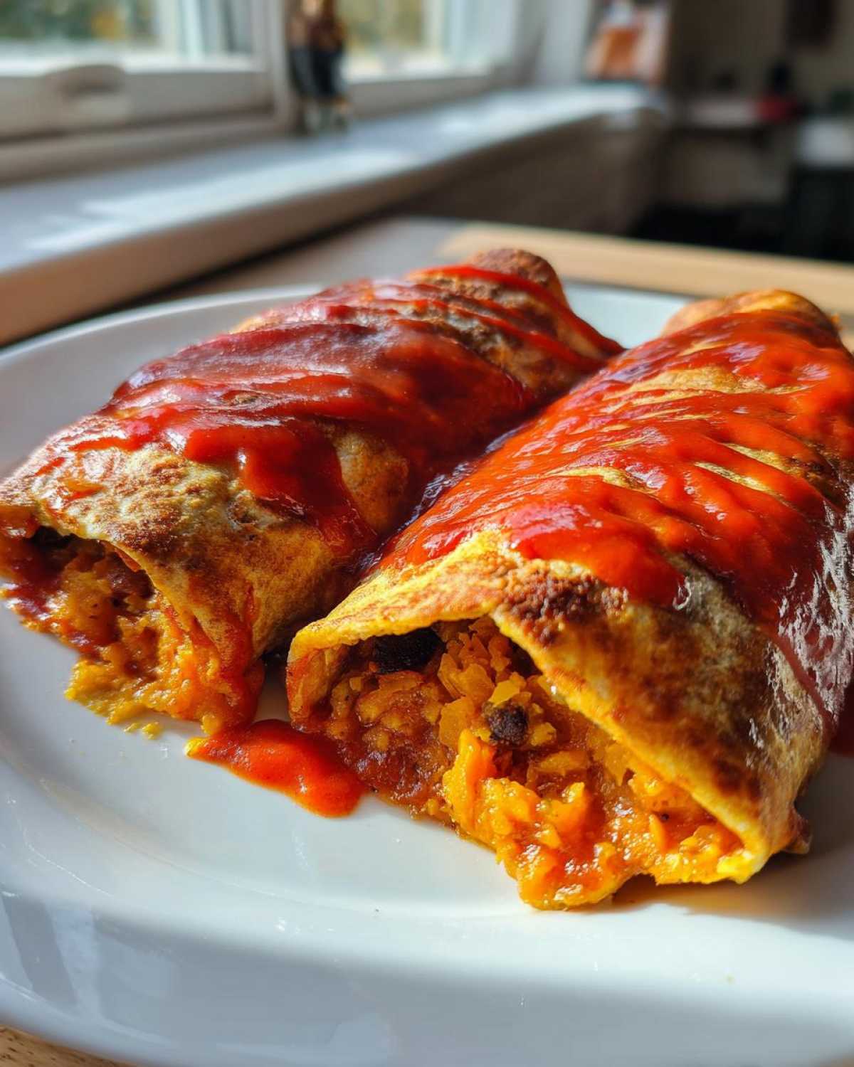 Two rolled Black Bean Sweet Potato Enchiladas covered in red sauce, showing the orange filling inside.