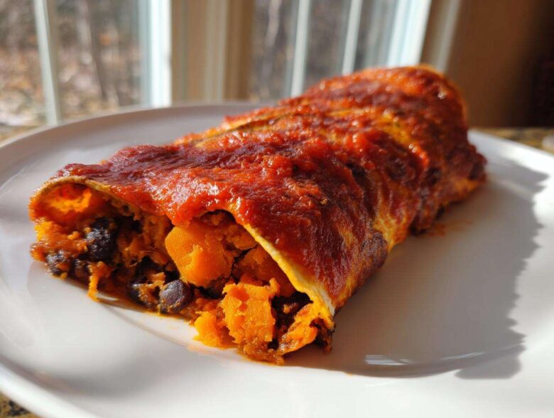 A single serving of Black Bean Sweet Potato Enchiladas covered in red sauce, showing the orange sweet potato and black bean filling.