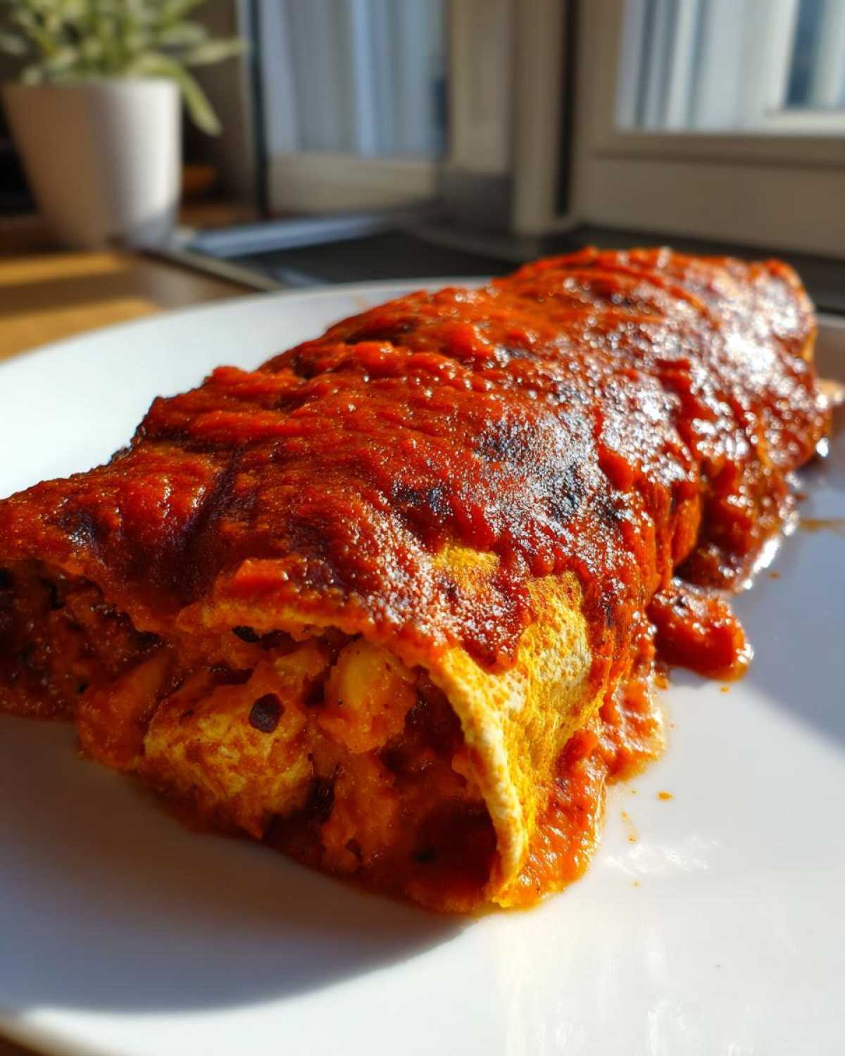 A single serving of Black Bean Sweet Potato Enchiladas covered in rich red enchilada sauce, served on a white plate.