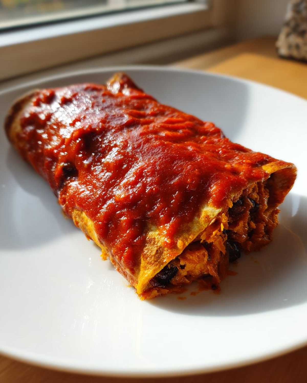 A single serving of Black Bean Sweet Potato Enchiladas smothered in vibrant red enchilada sauce on a white plate.