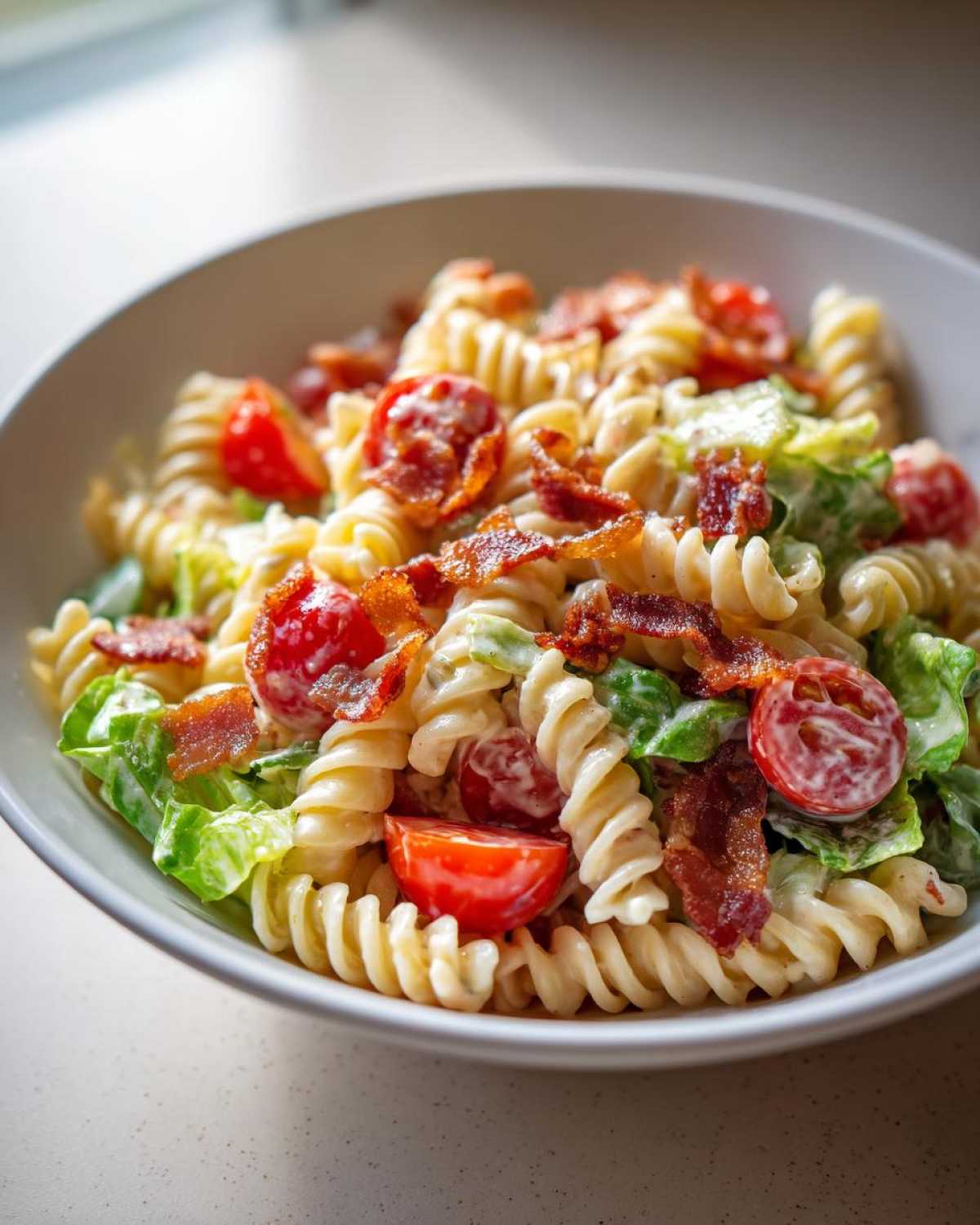 A close-up view of a creamy BLT Pasta Salad with Ranch, featuring rotini pasta, crisp bacon, cherry tomatoes, and lettuce.
