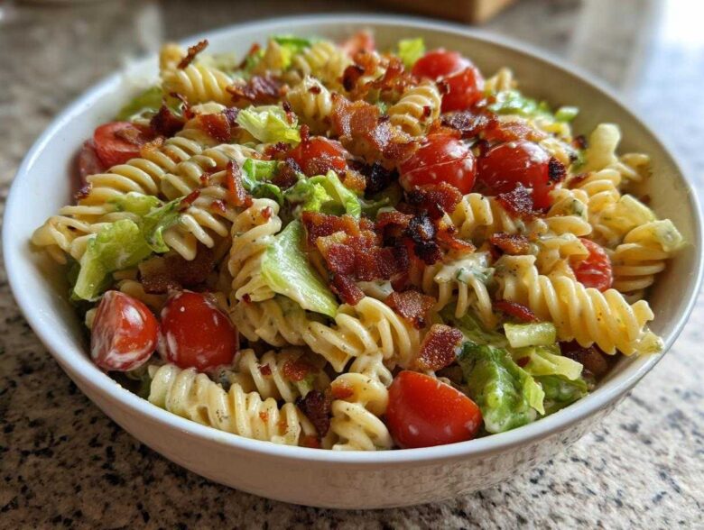 Close-up of a bowl filled with BLT Pasta Salad with Ranch, featuring rotini pasta, cherry tomatoes, lettuce, and bacon bits.