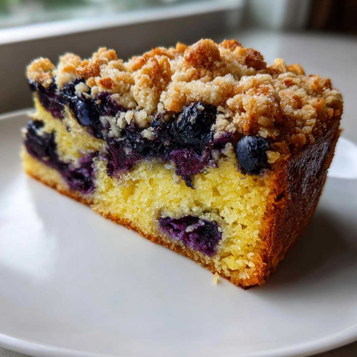 Close-up of a moist slice of Blueberry Almond Coffee Cake showing blueberries baked into the yellow crumb and topped with a crunchy streusel.