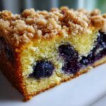 Close-up of a moist slice of Blueberry Almond Coffee Cake showing blueberries baked into the yellow crumb and a thick brown sugar streusel topping.