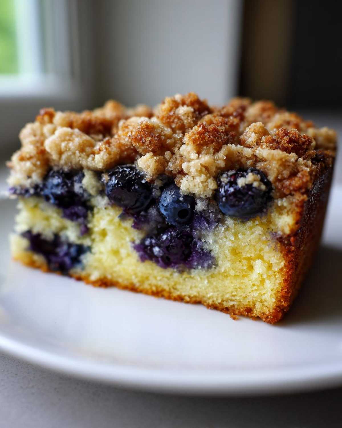 Close-up of a moist slice of Blueberry Almond Coffee Cake showing blueberries baked into the yellow cake and topped with brown sugar streusel.