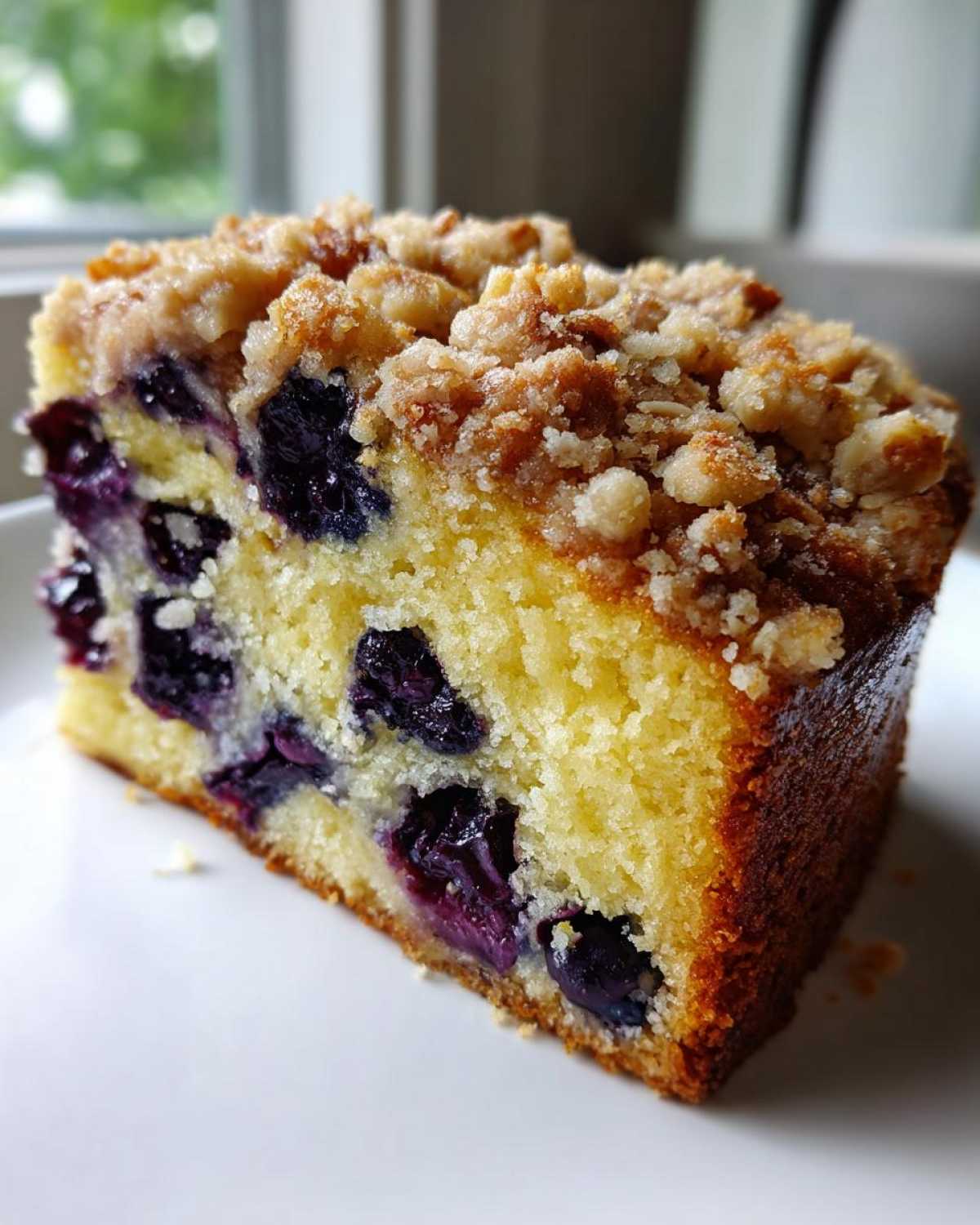 Close-up of a moist slice of Blueberry Almond Coffee Cake showing blueberries baked into the yellow crumb and topped with a crunchy streusel.