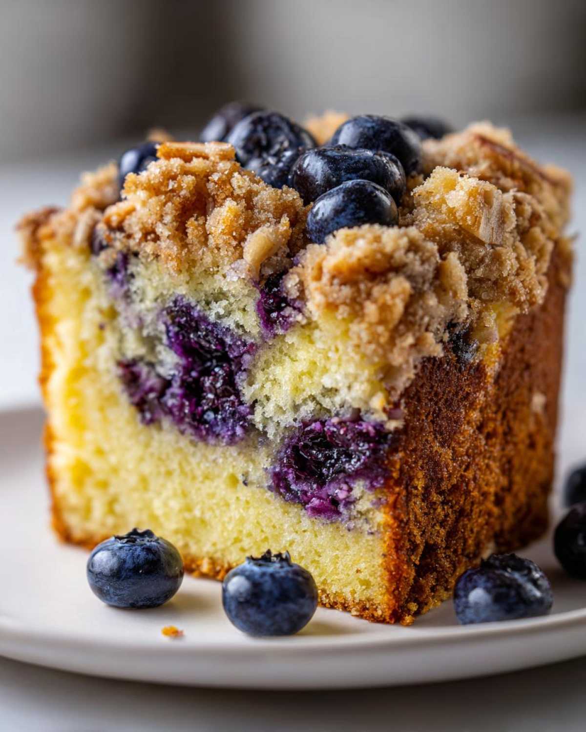 Close-up of a moist slice of Blueberry Almond Coffee Cake featuring baked-in blueberries and a crunchy streusel topping.