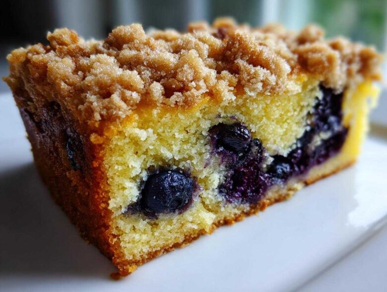 Close-up of a moist slice of Blueberry Almond Coffee Cake showing blueberries baked into the yellow crumb and a thick brown sugar streusel topping.