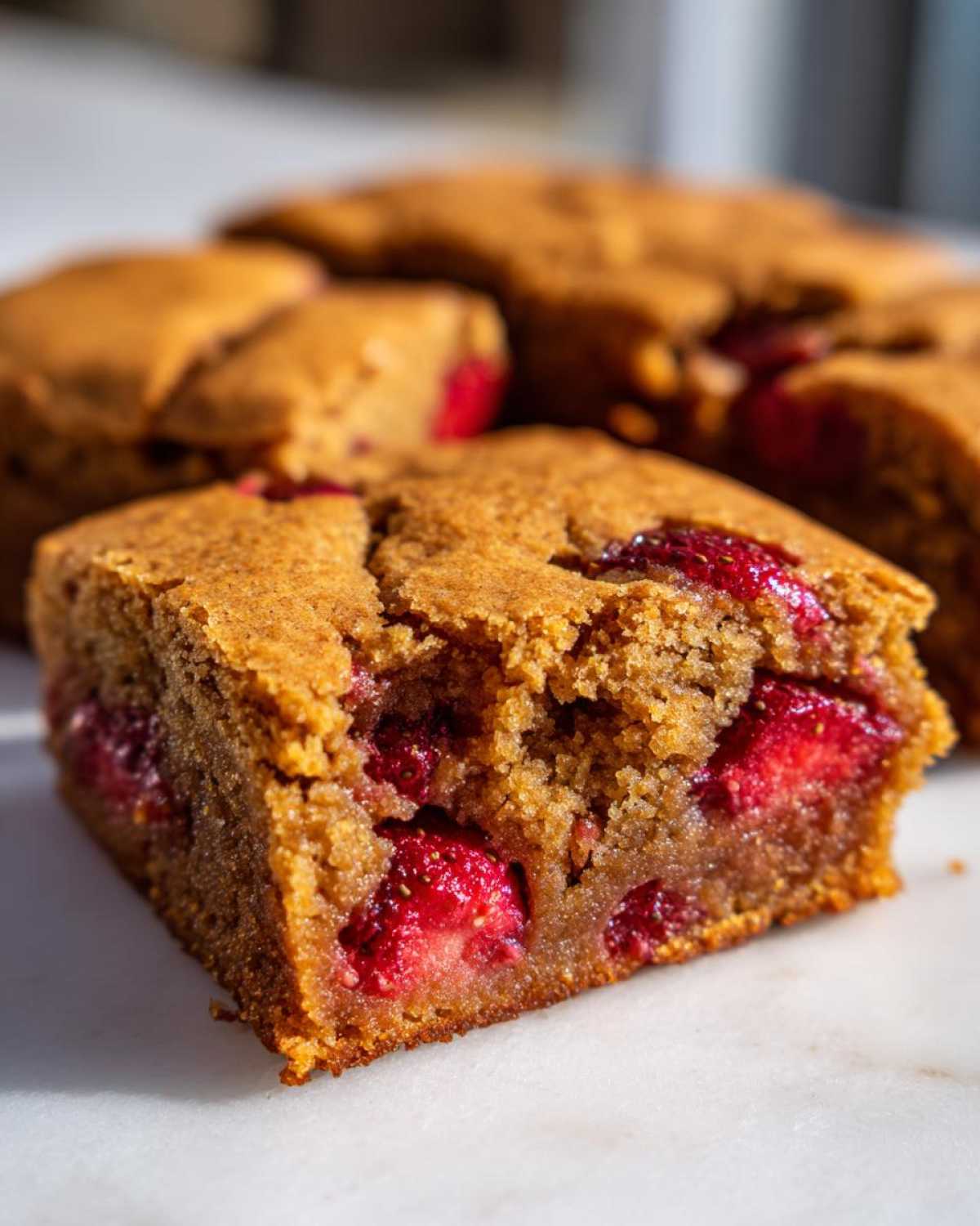 A close-up view of a soft, chewy square of Brown Butter Strawberry Blondies showing chunks of bright red strawberries baked inside.