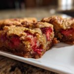 Close-up of rich, chewy Brown Butter Strawberry Blondies featuring visible chunks of bright red strawberries baked inside.