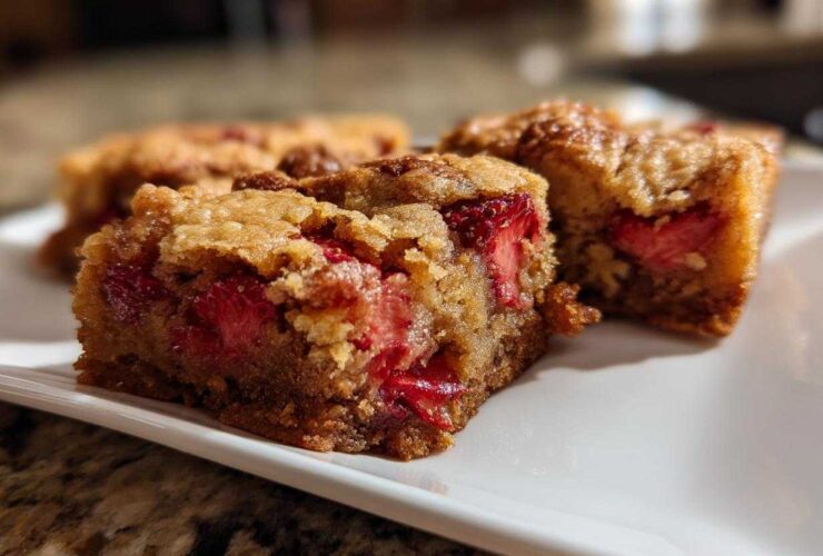 Close-up of rich, chewy Brown Butter Strawberry Blondies featuring visible chunks of bright red strawberries baked inside.