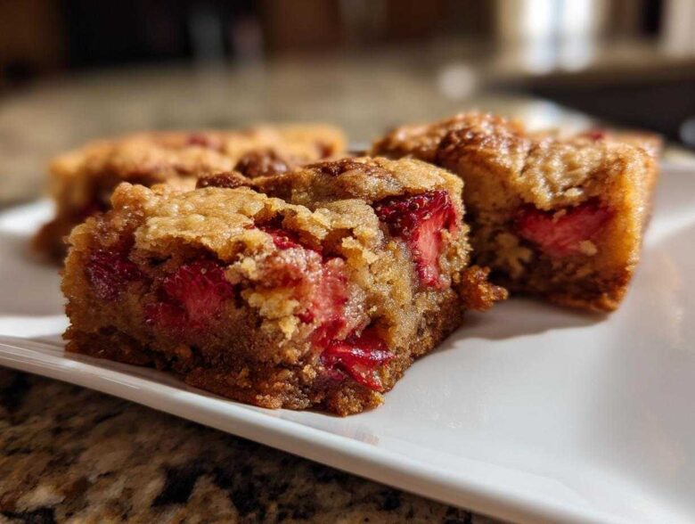 Close-up of rich, chewy Brown Butter Strawberry Blondies featuring visible chunks of bright red strawberries baked inside.